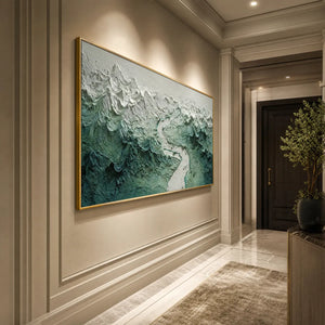 Textured impasto mountain river landscape wall art in gold frame