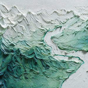 Textured impasto mountain river landscape in white and green oil painting