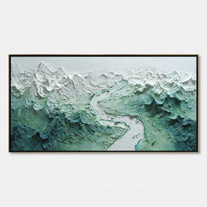 Textured impasto mountain river landscape in teal and white framed wall art