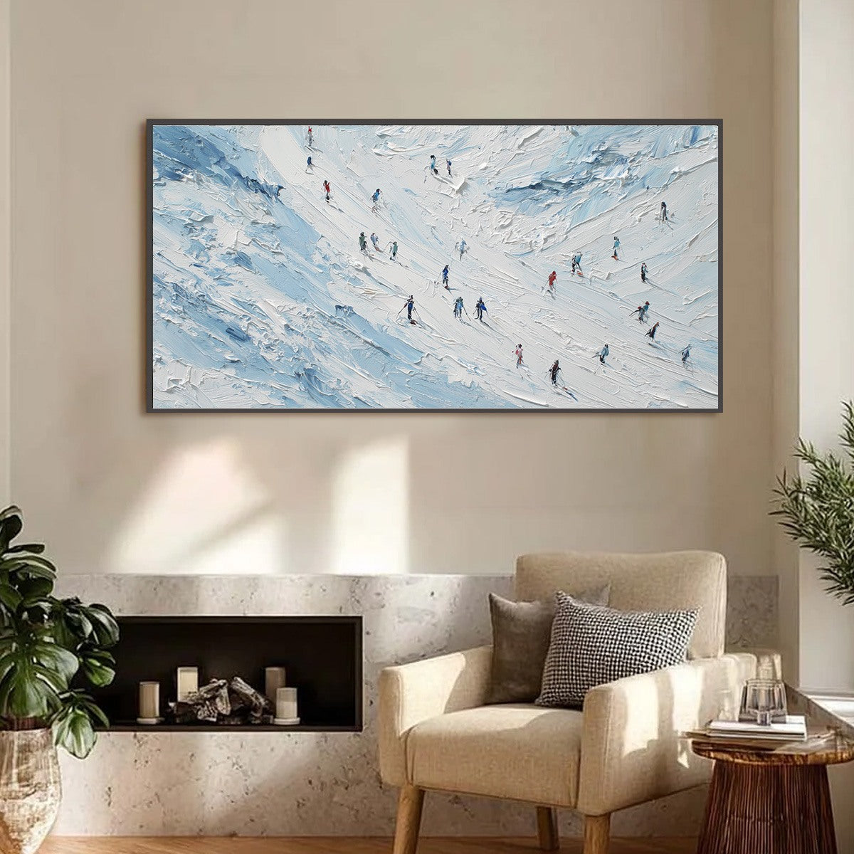 ALPINE DESCENT: Textured Impasto Painting of Skiers on a Snowy Mountain