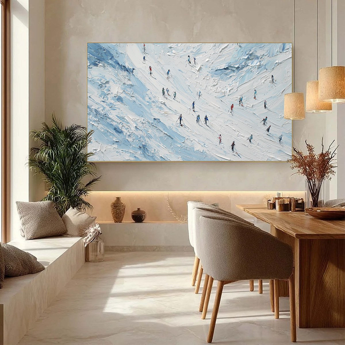 ALPINE DESCENT: Textured Impasto Painting of Skiers on a Snowy Mountain