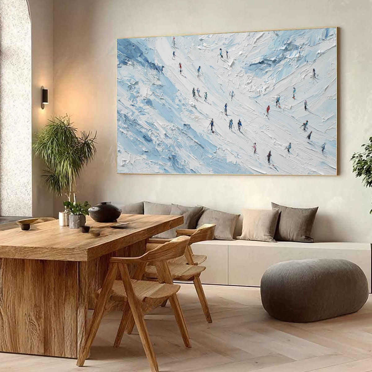 ALPINE DESCENT: Textured Impasto Painting of Skiers on a Snowy Mountain