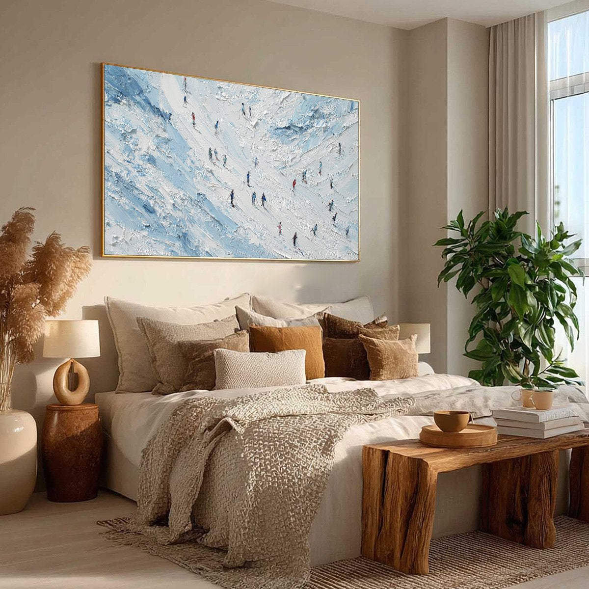 ALPINE DESCENT: Textured Impasto Painting of Skiers on a Snowy Mountain