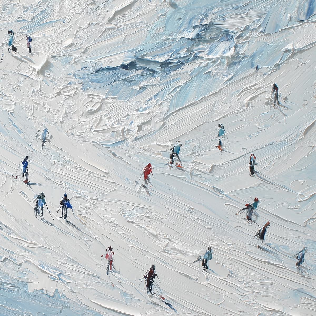 ALPINE DESCENT: Textured Impasto Painting of Skiers on a Snowy Mountain