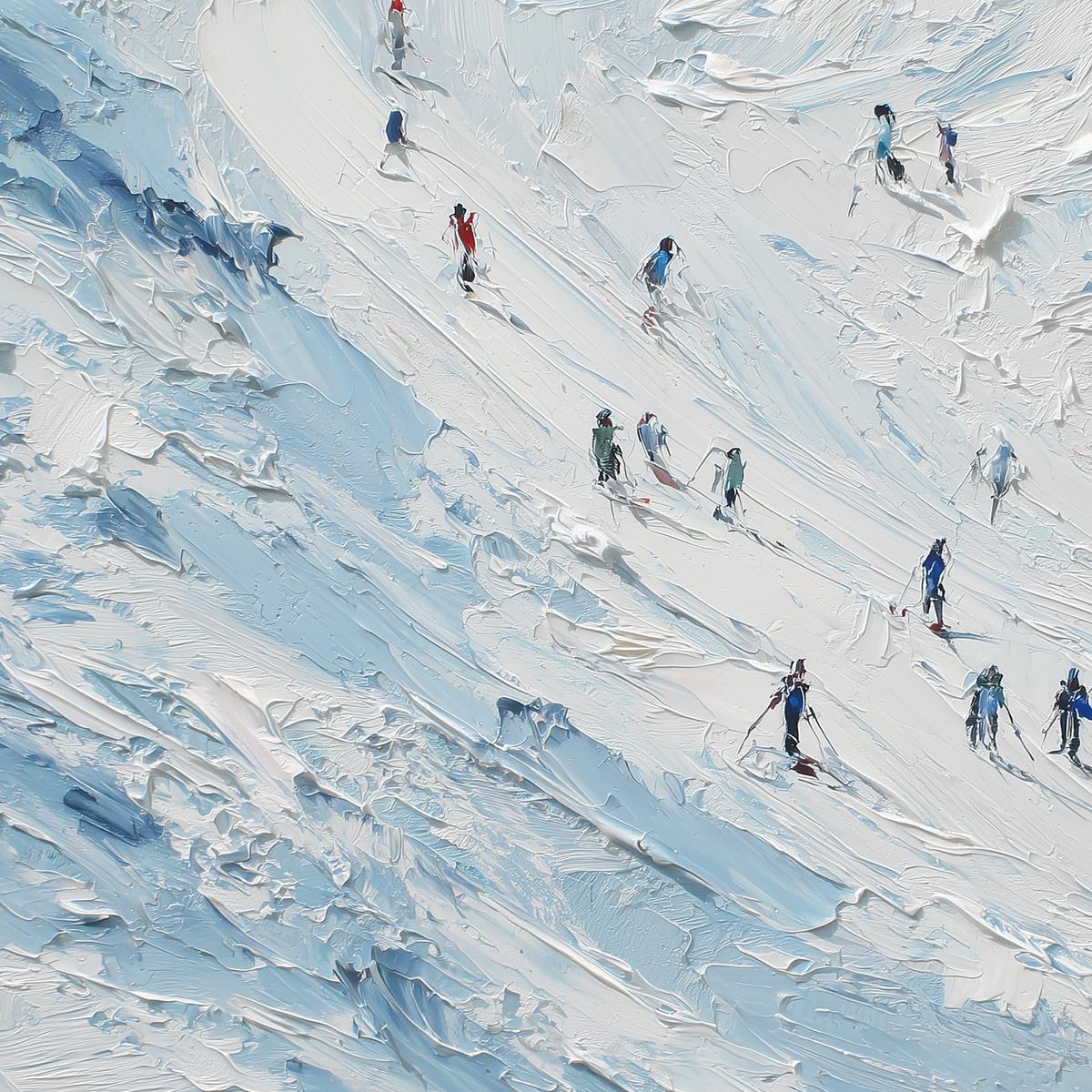 ALPINE DESCENT: Textured Impasto Painting of Skiers on a Snowy Mountain