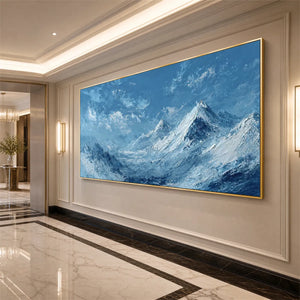 Framed blue impasto mountain landscape oil painting for modern wall art
