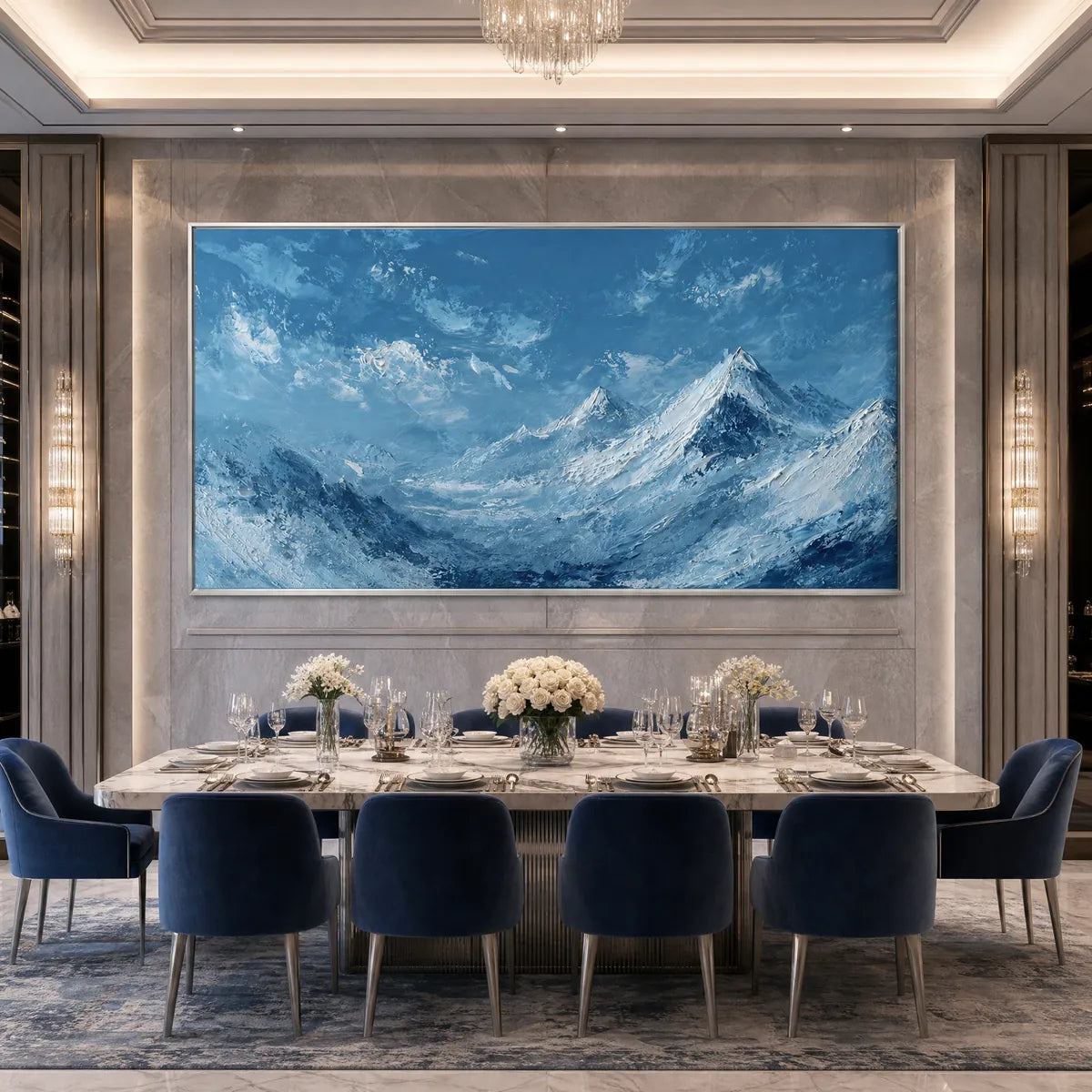Textured blue mountain landscape oil painting in luxury dining room, modern wall art