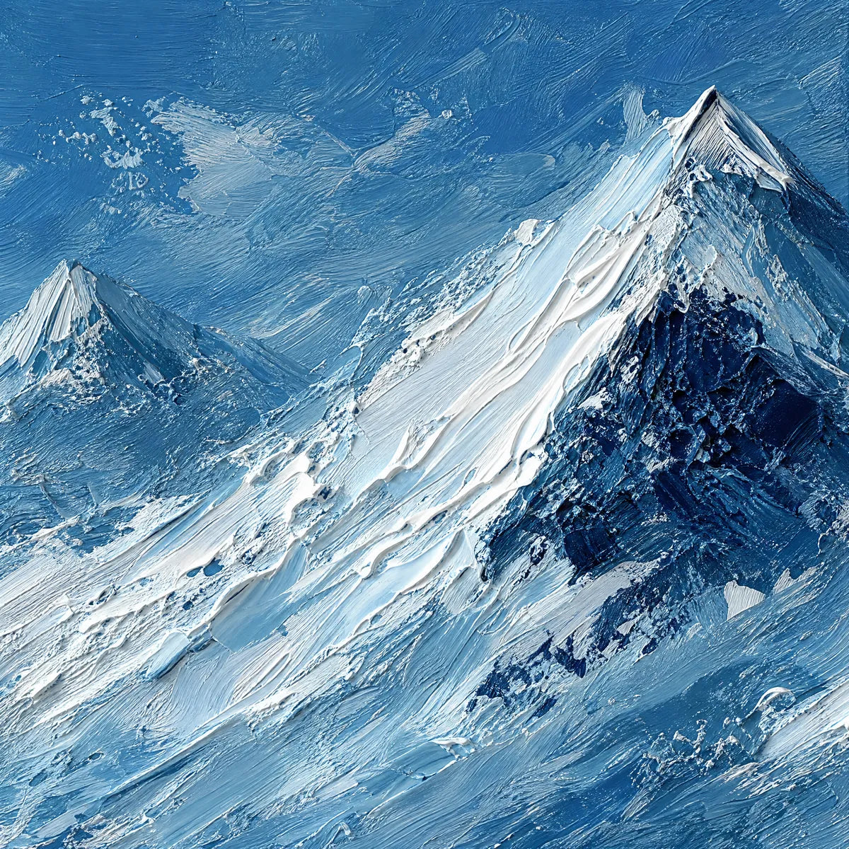 Textured impasto mountain landscape painting in blue and white tones
