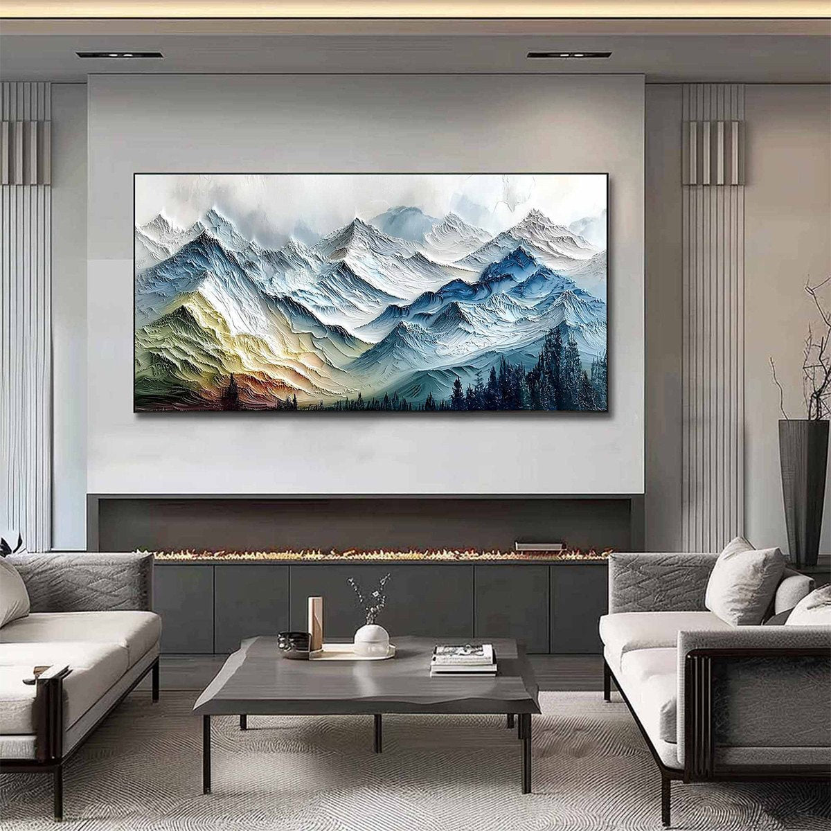 ALPINE GLOW: Large Textured Impasto Mountain Range Wall Art