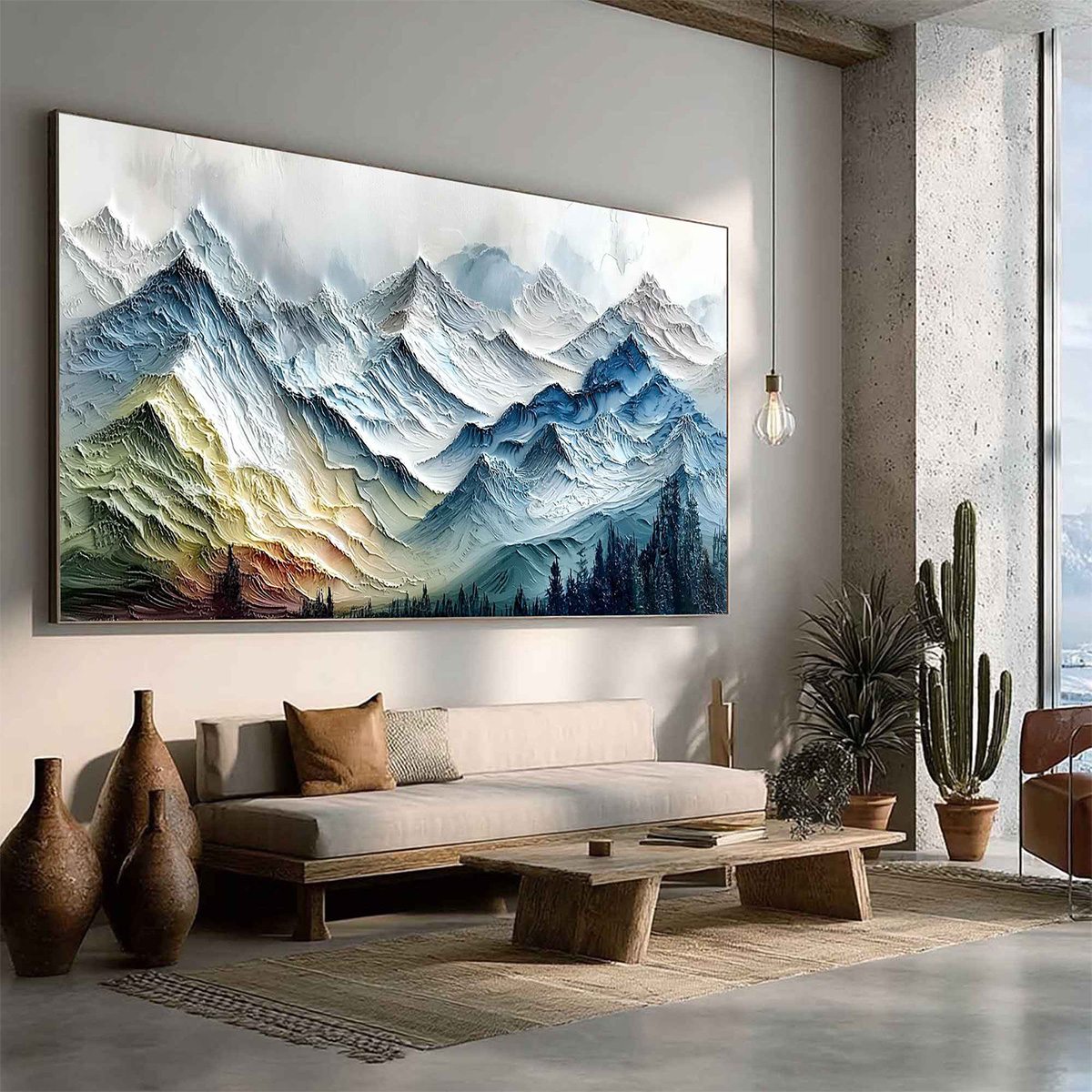ALPINE GLOW: Large Textured Impasto Mountain Range Wall Art