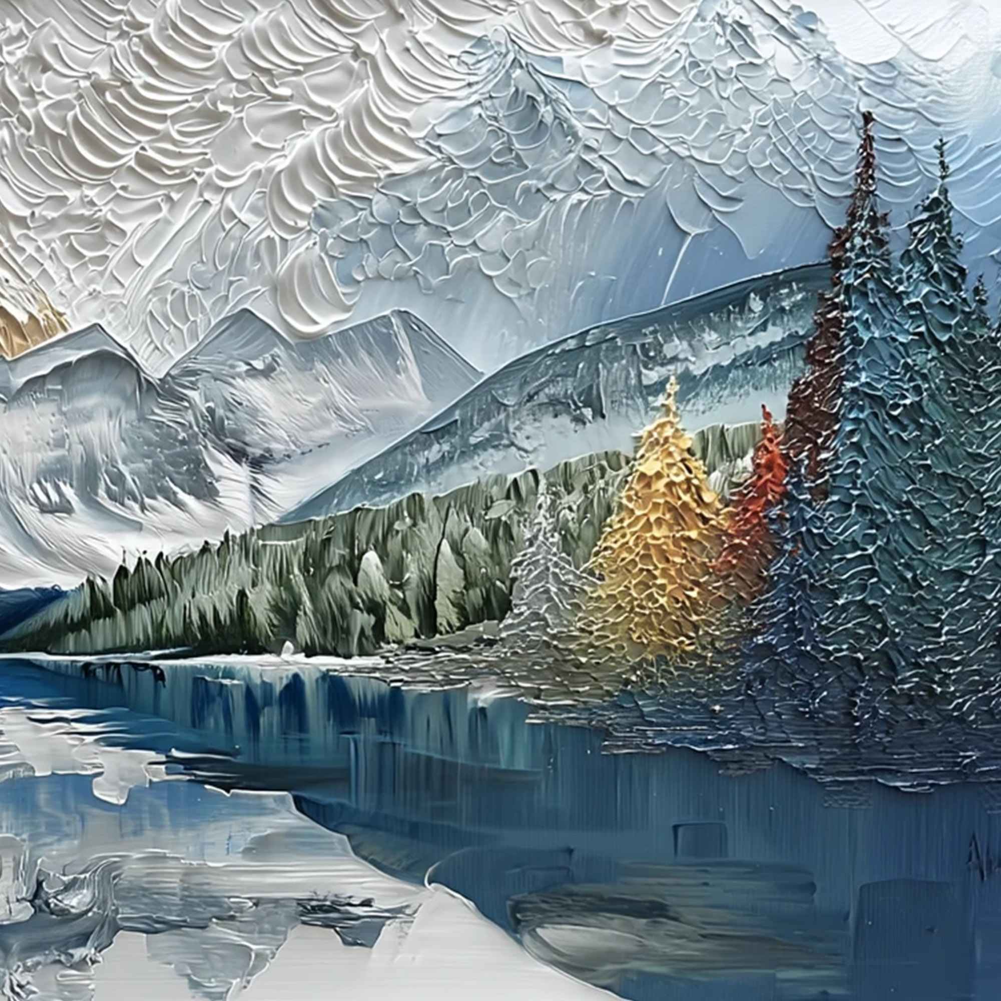 ALPINE GLOW: Textured Mountain Lake Impasto Landscape Painting