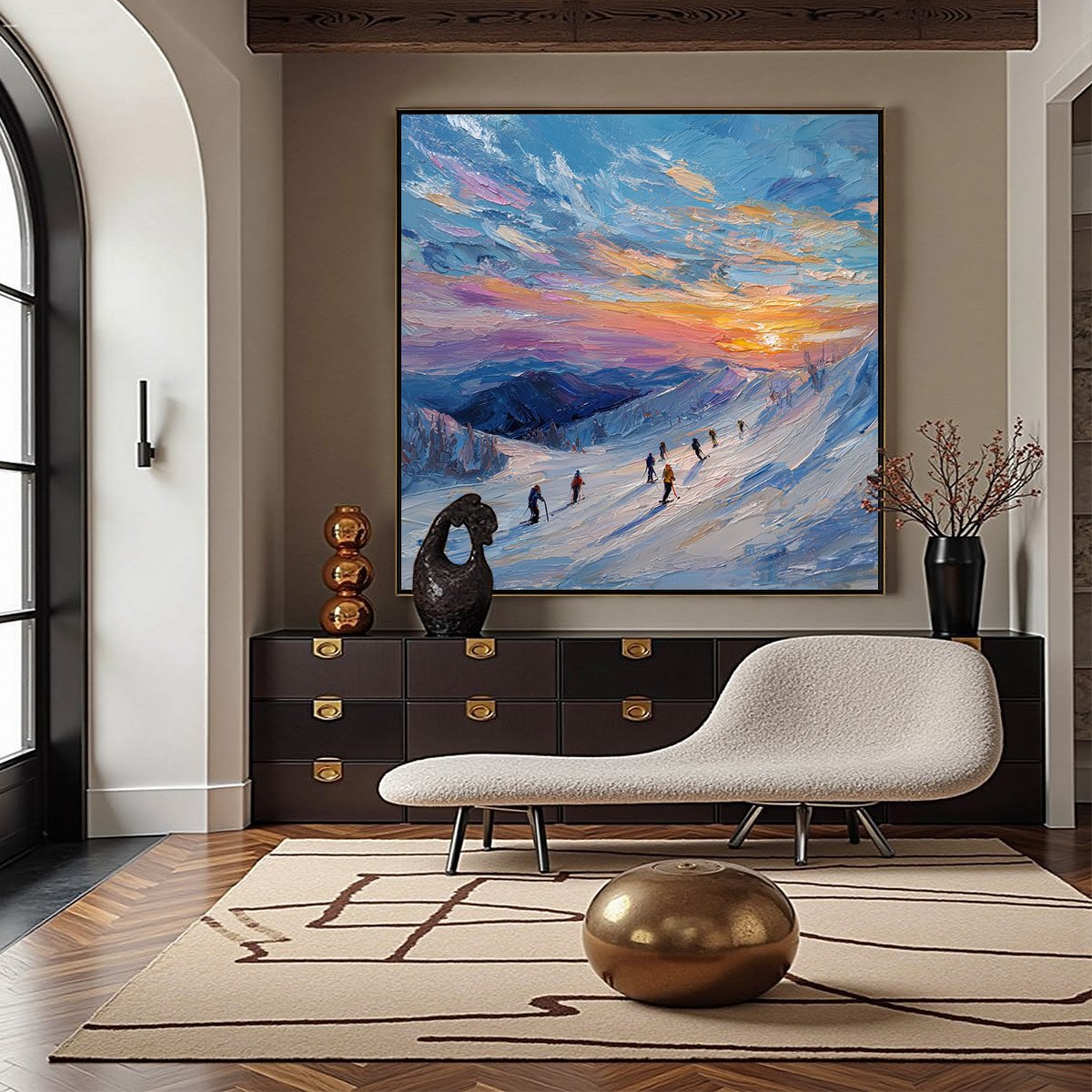 Alpine Glow: Textured Skiing Mountain Landscape Oil Painting