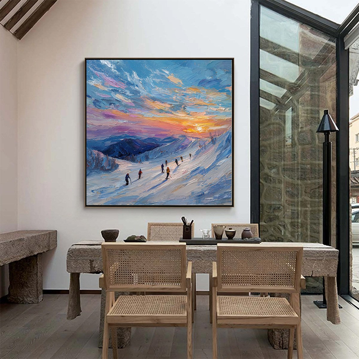 Alpine Glow: Textured Skiing Mountain Landscape Oil Painting