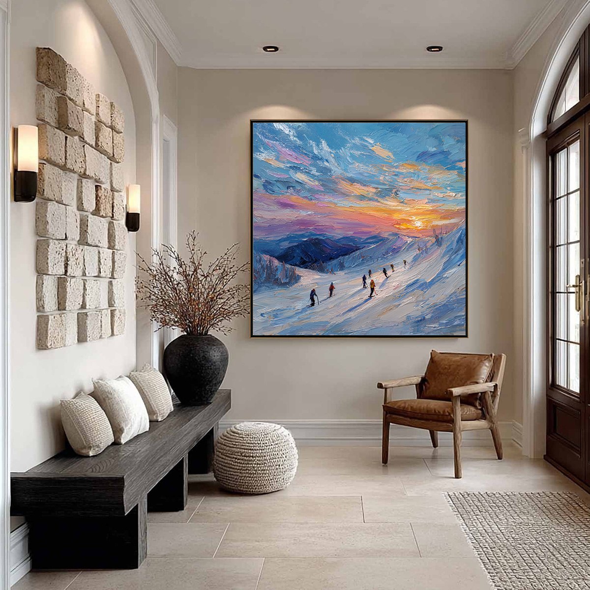 ALPINE GLOW: Textured Palette Knife Skiing Mountain Landscape Painting