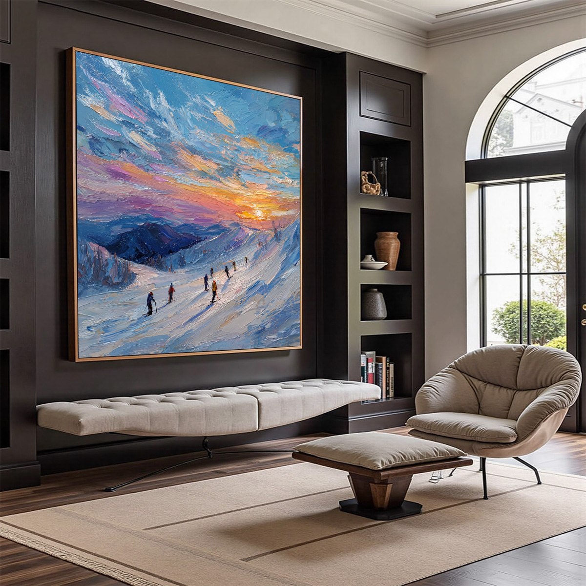 ALPINE GLOW: Textured Palette Knife Skiing Mountain Landscape Painting