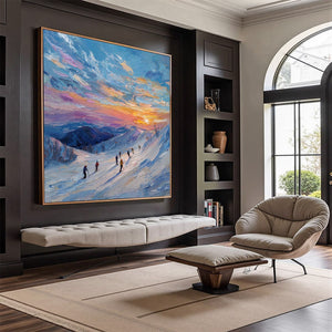 ALPINE GLOW: Textured Palette Knife Skiing Mountain Landscape Painting