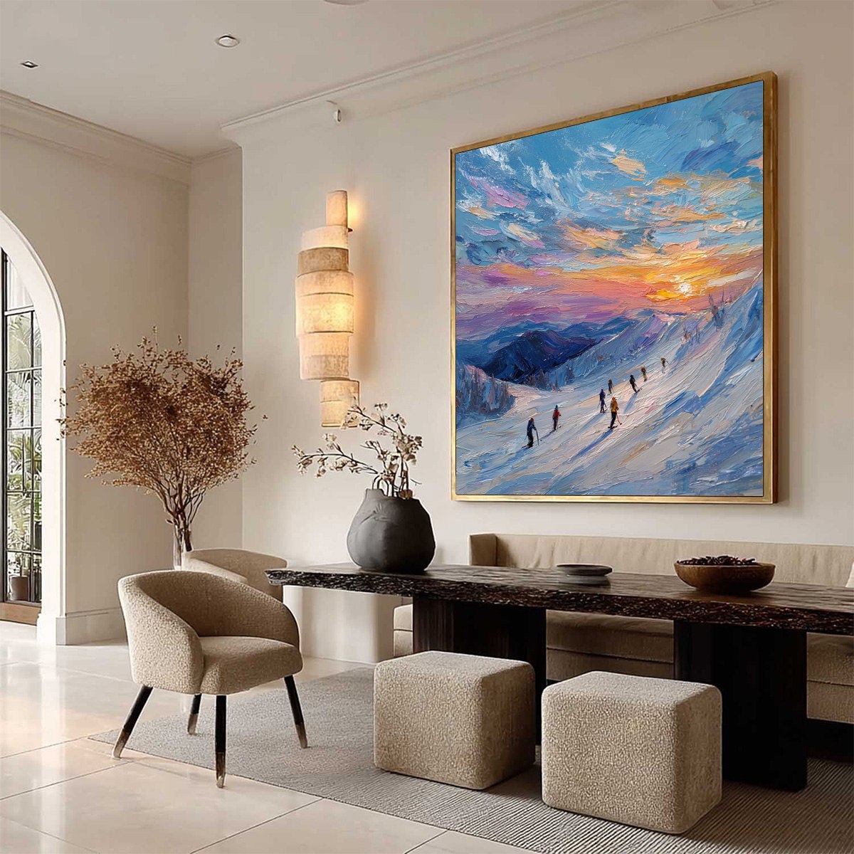 Alpine Glow: Textured Skiing Mountain Landscape Oil Painting