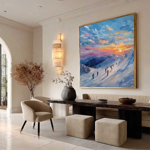 ALPINE GLOW: Textured Palette Knife Skiing Mountain Landscape Painting