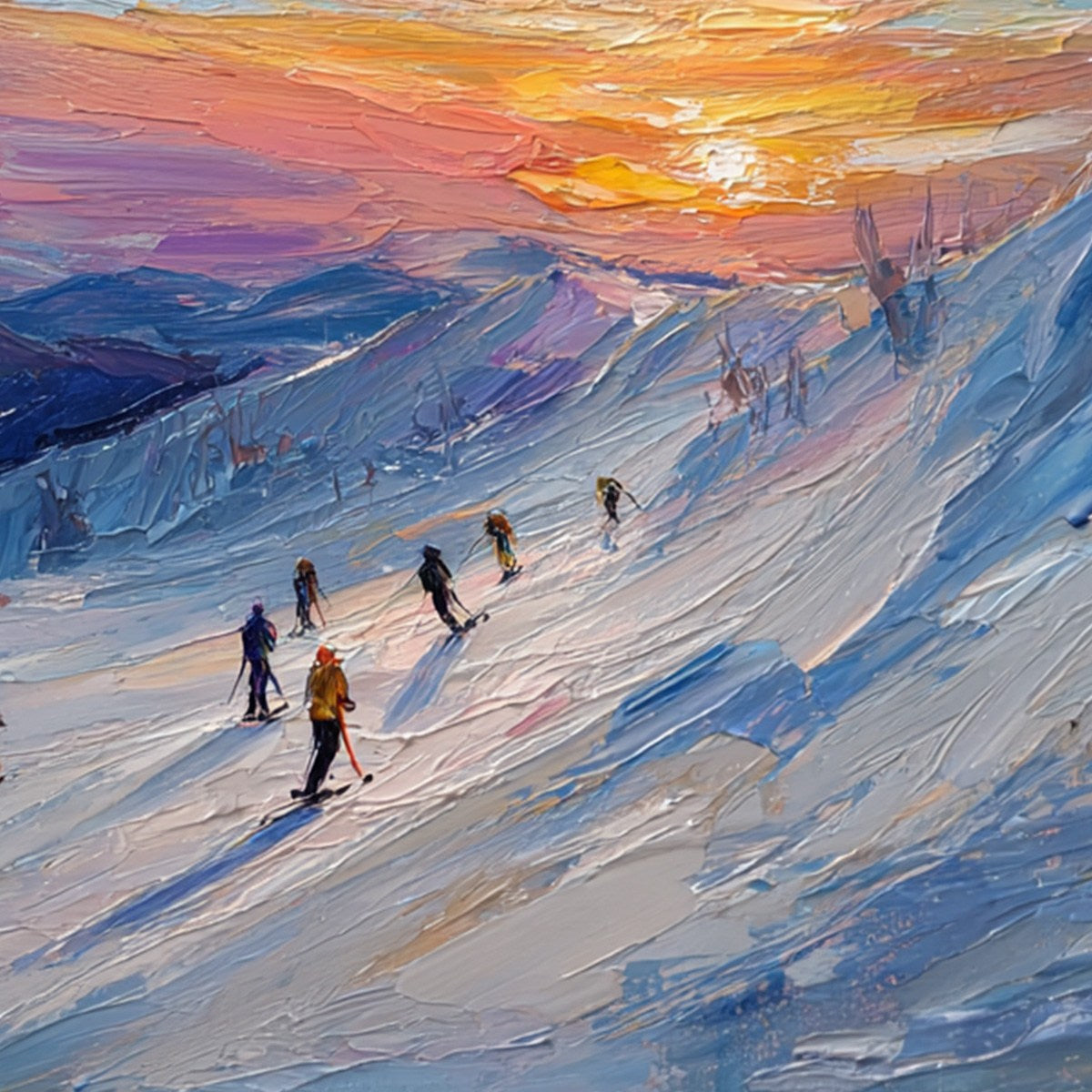 ALPINE GLOW: Textured Palette Knife Skiing Mountain Landscape Painting