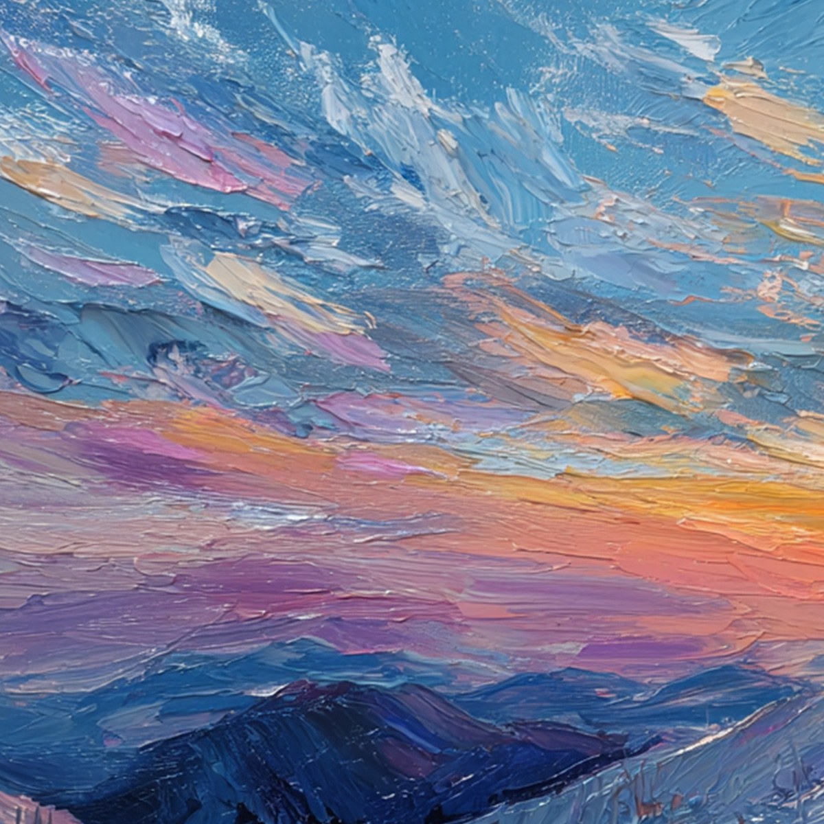 Alpine Glow: Textured Skiing Mountain Landscape Oil Painting