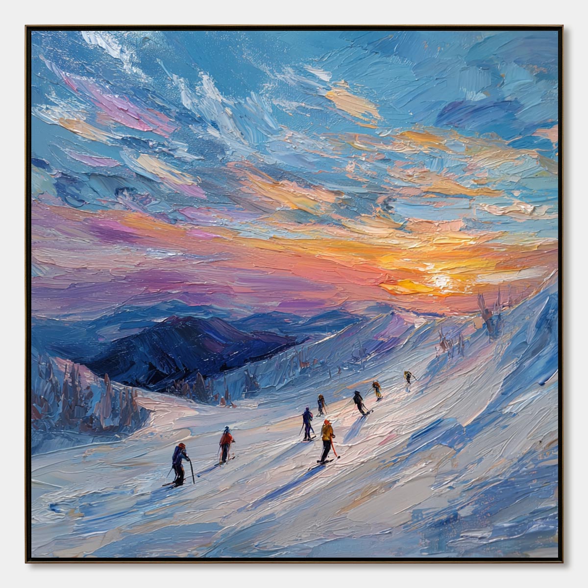 ALPINE GLOW: Textured Palette Knife Skiing Mountain Landscape Painting