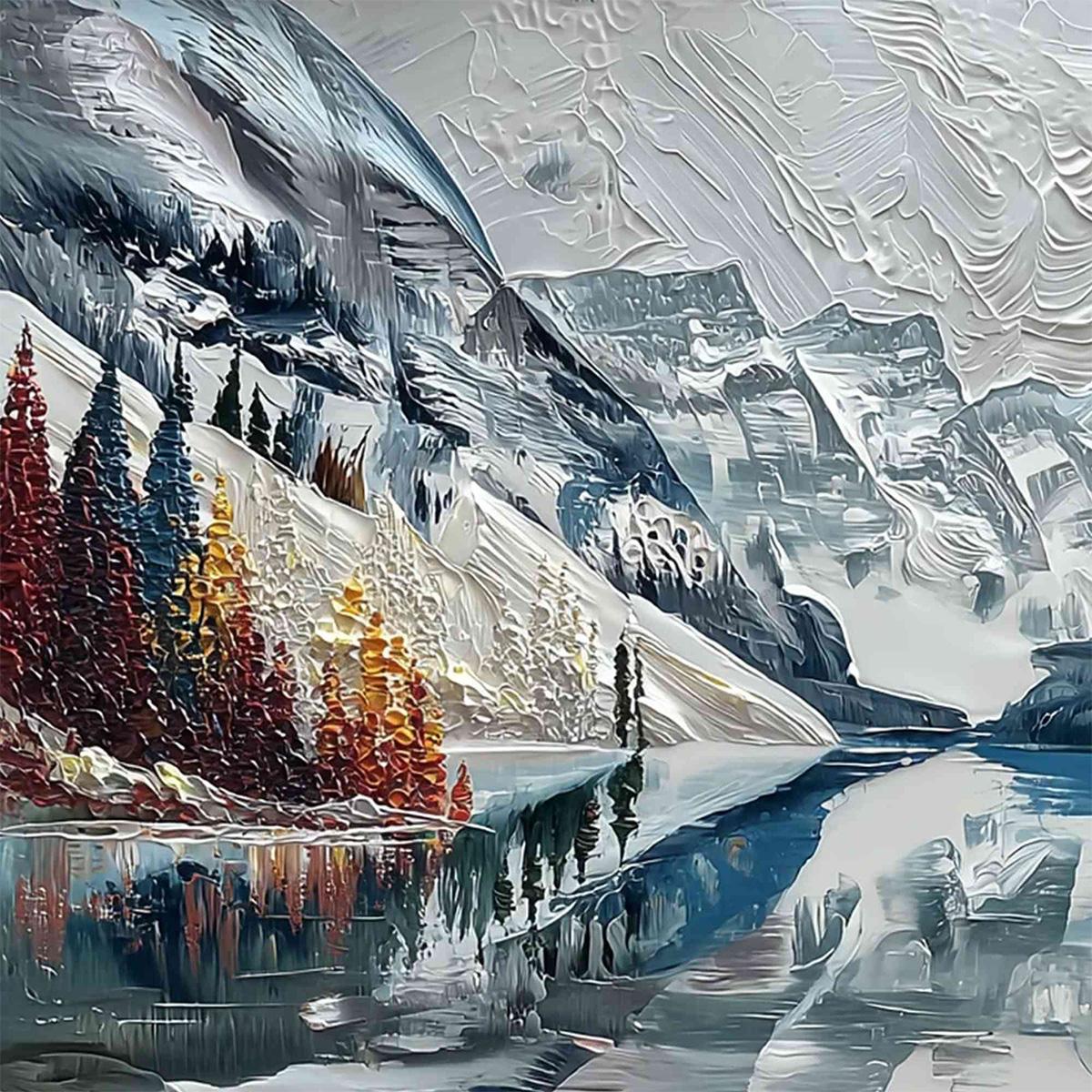 Alpine Reflection Textured Mountain Landscape Oil Painting