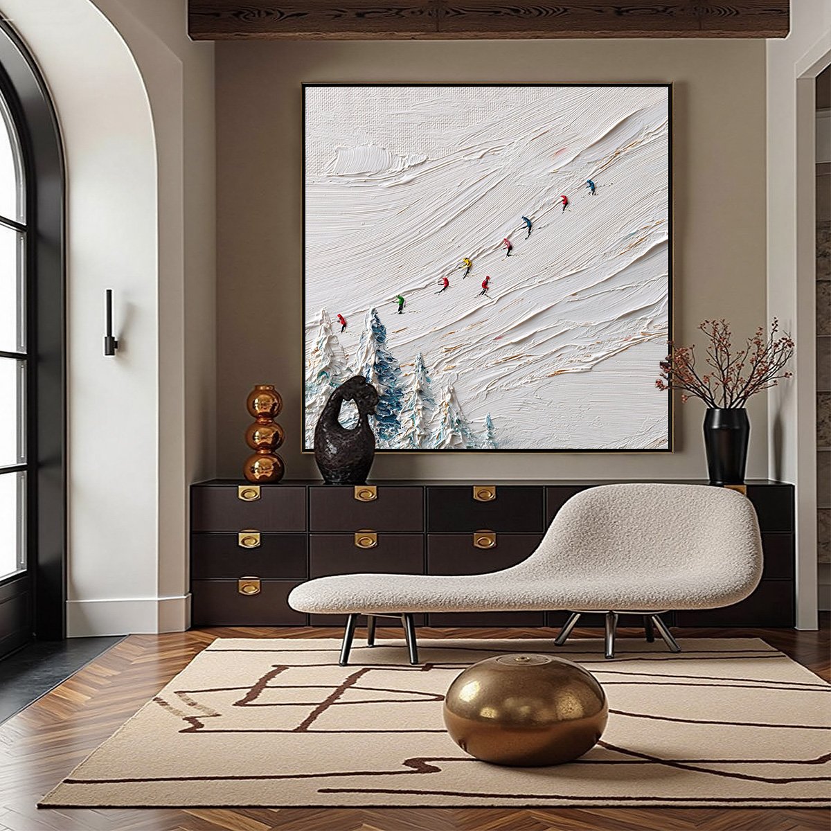 ALPINE RUSH: Heavily Textured Impasto Skiing Sports Painting