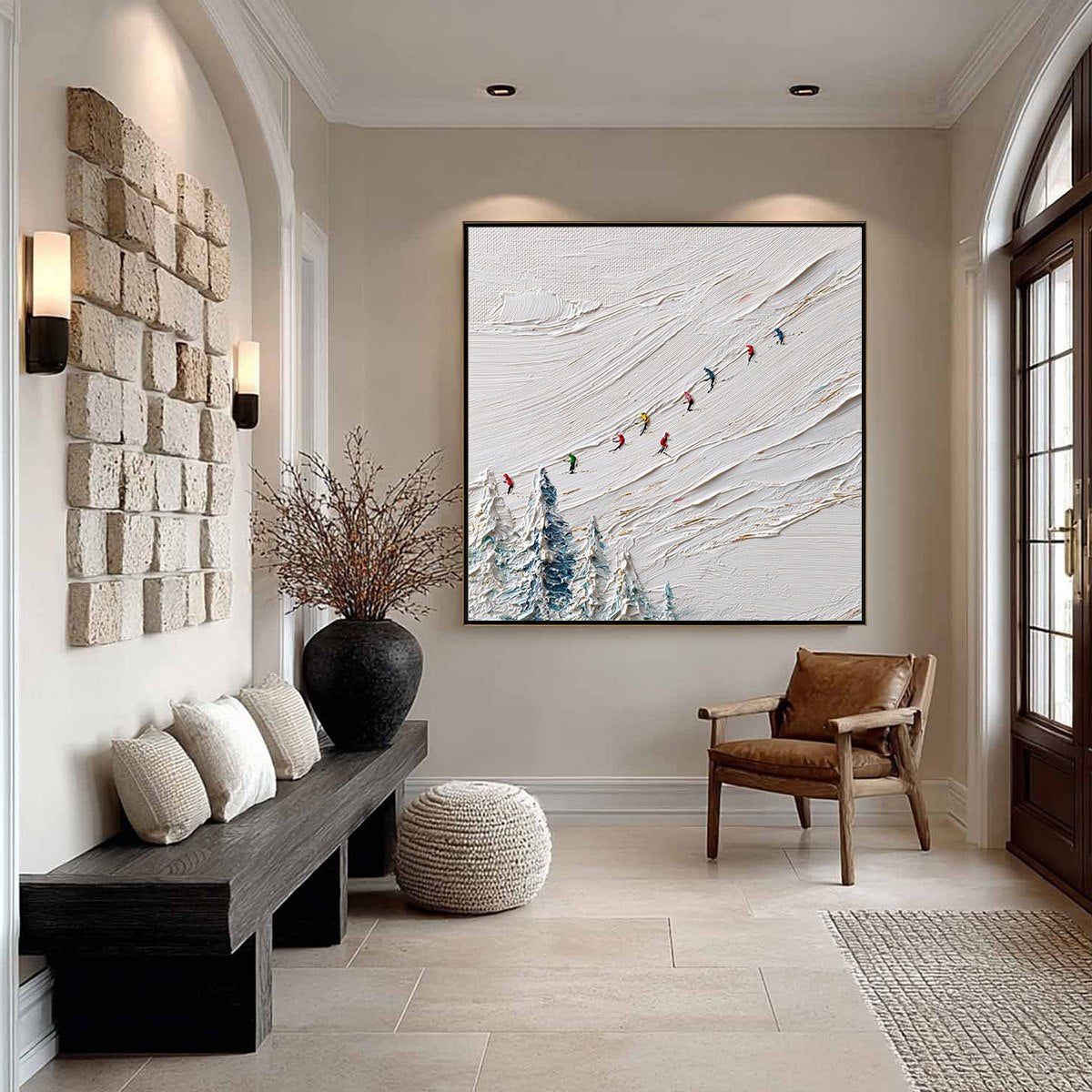 ALPINE RUSH: Heavily Textured Impasto Skiing Sports Painting