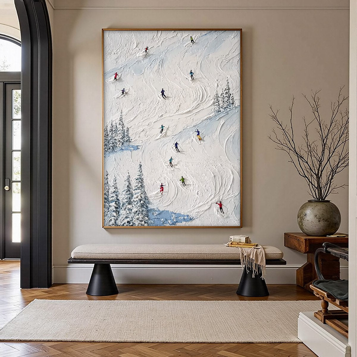 ALPINE RUSH: Heavy Texture Impasto Painting of Skiers on a Mountain Slope