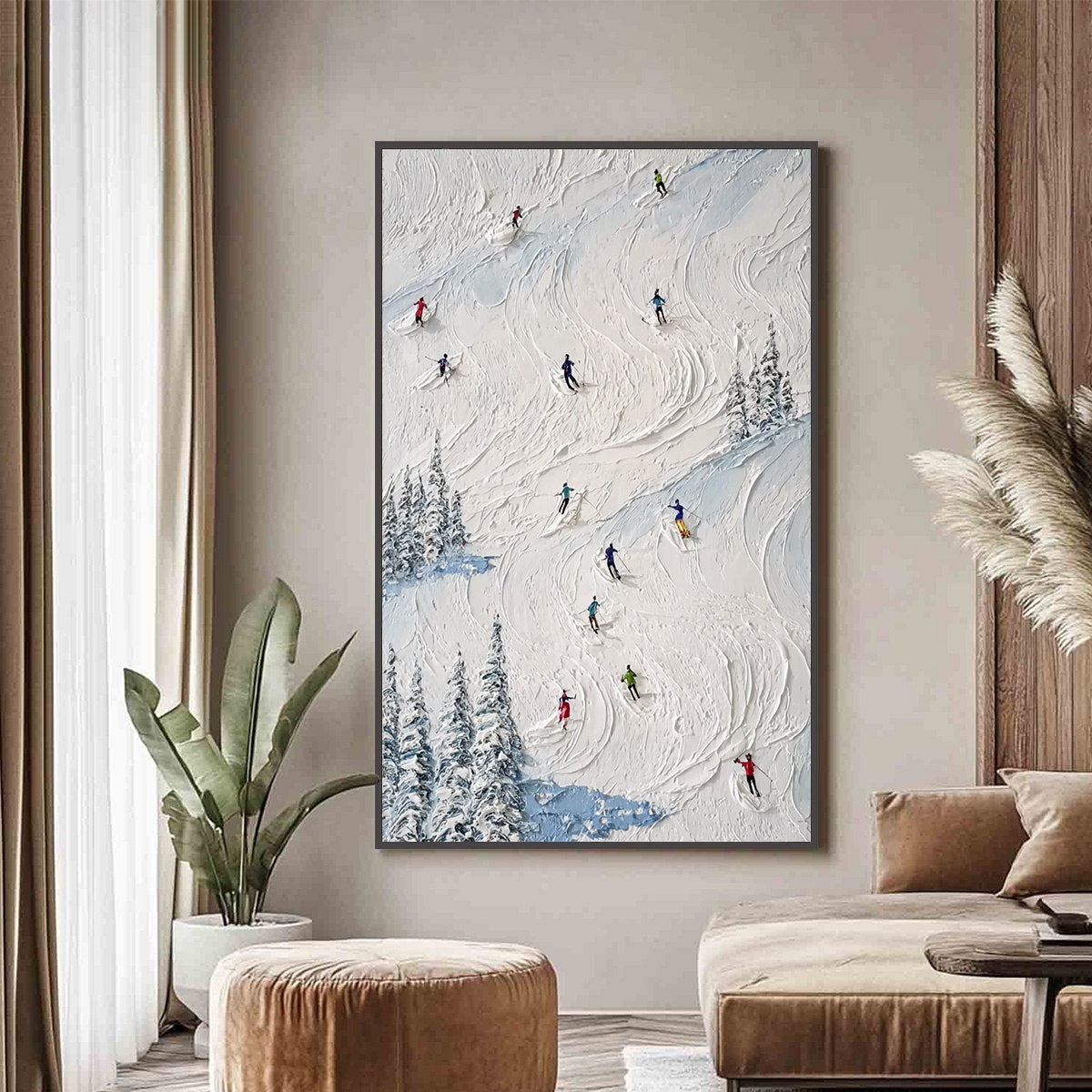 ALPINE RUSH: Heavy Texture Impasto Painting of Skiers on a Mountain Slope