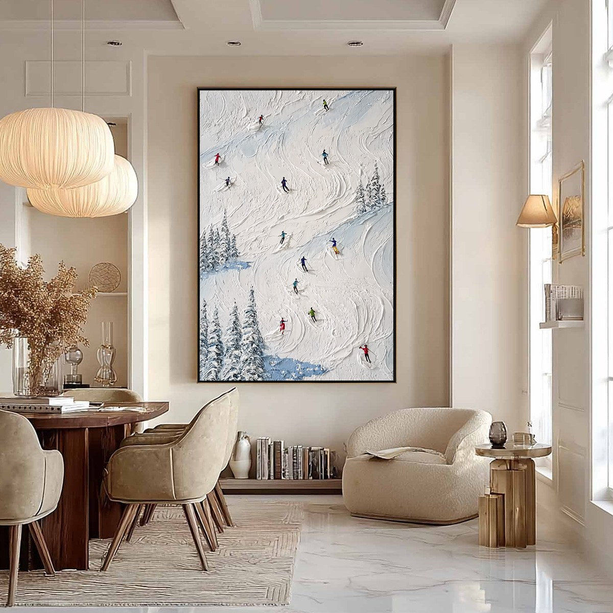 ALPINE RUSH: Heavy Texture Impasto Painting of Skiers on a Mountain Slope