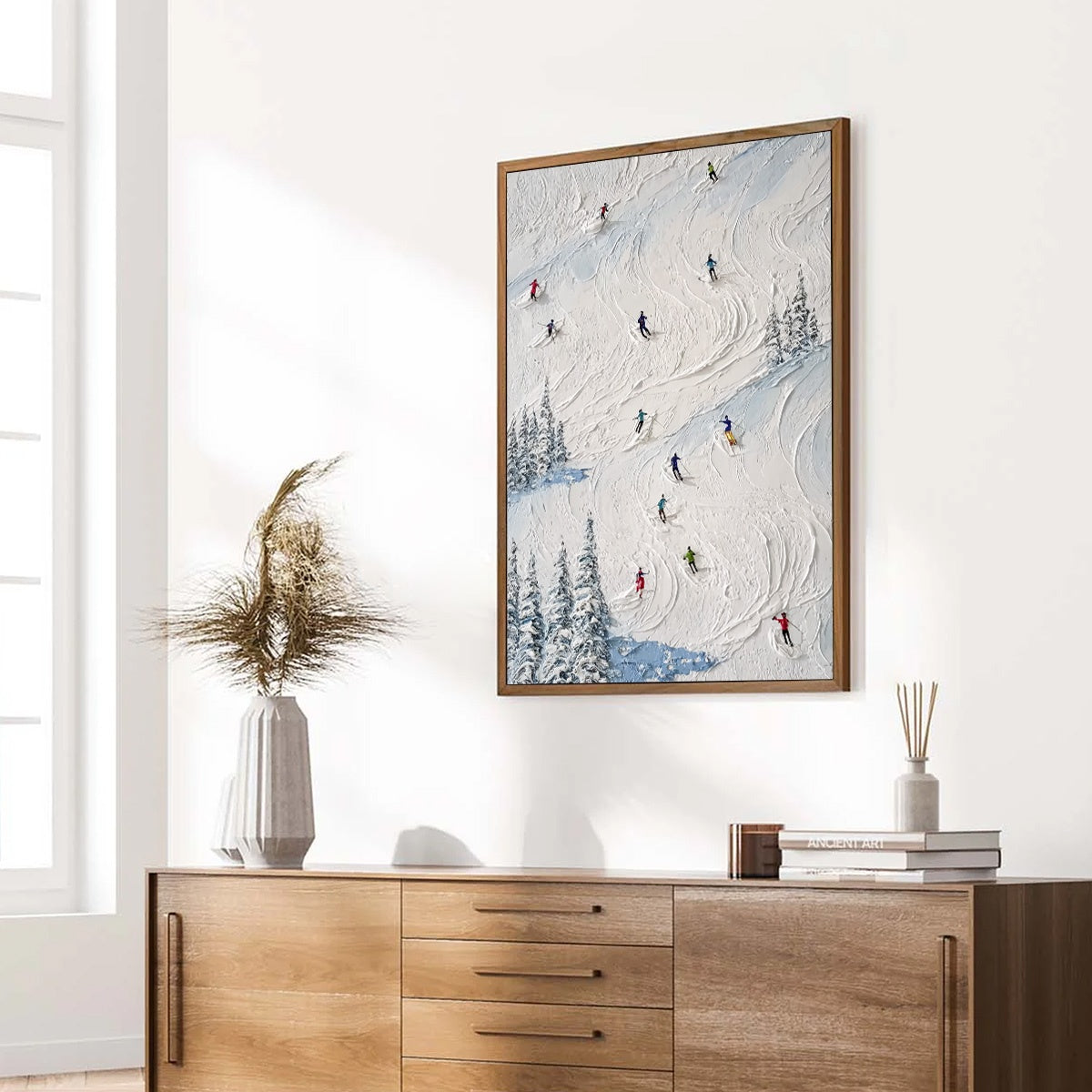 ALPINE RUSH: Heavy Texture Impasto Painting of Skiers on a Mountain Slope