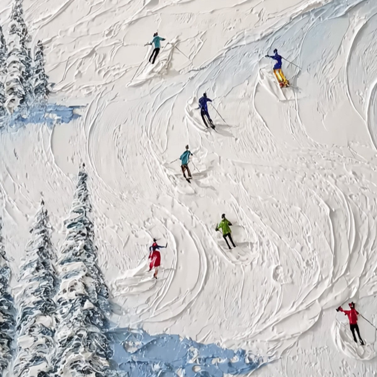 ALPINE RUSH: Heavy Texture Impasto Painting of Skiers on a Mountain Slope