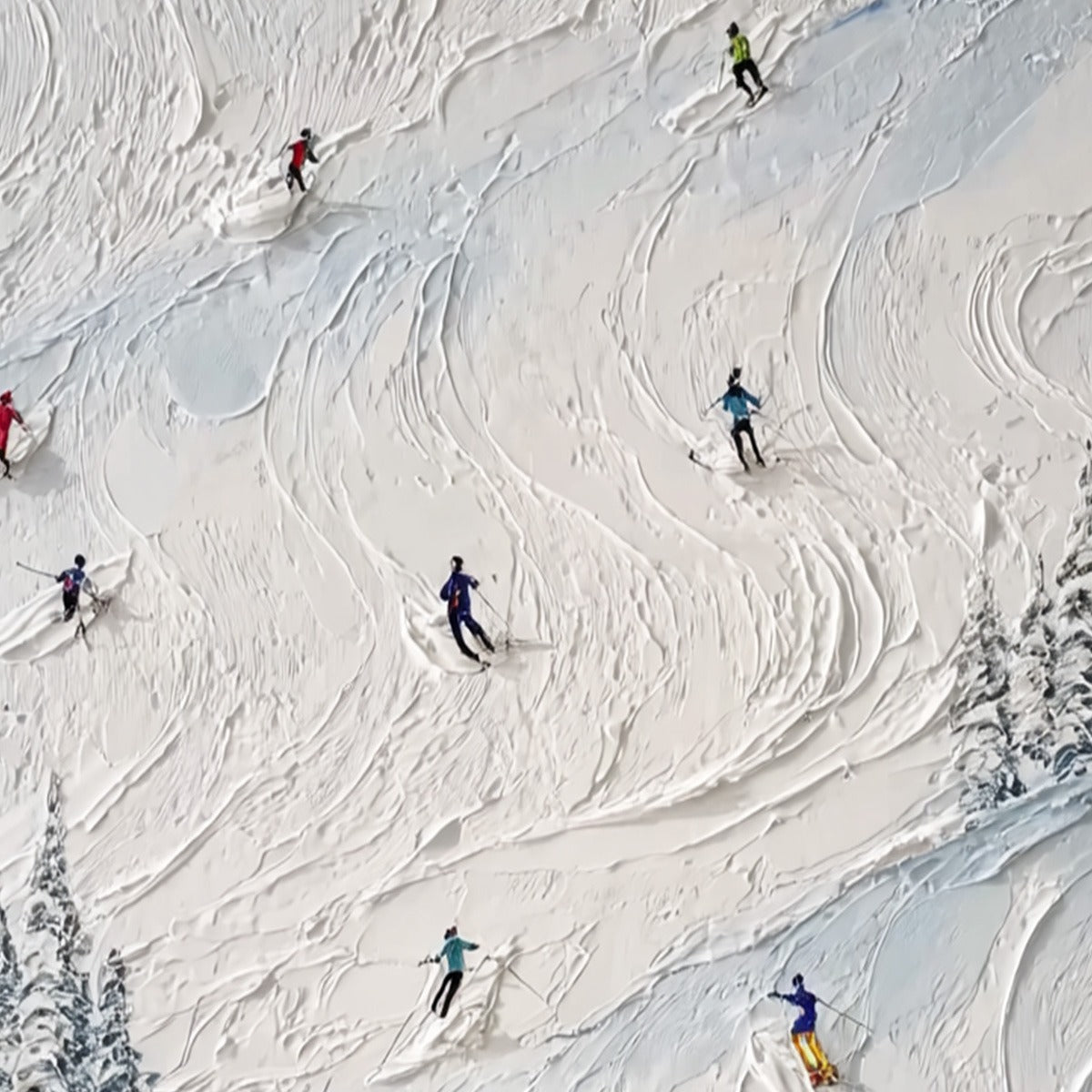 ALPINE RUSH: Heavy Texture Impasto Painting of Skiers on a Mountain Slope