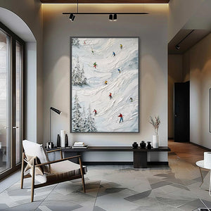ALPINE RUSH: Heavy Texture Impasto Painting of Skiers on a Mountain