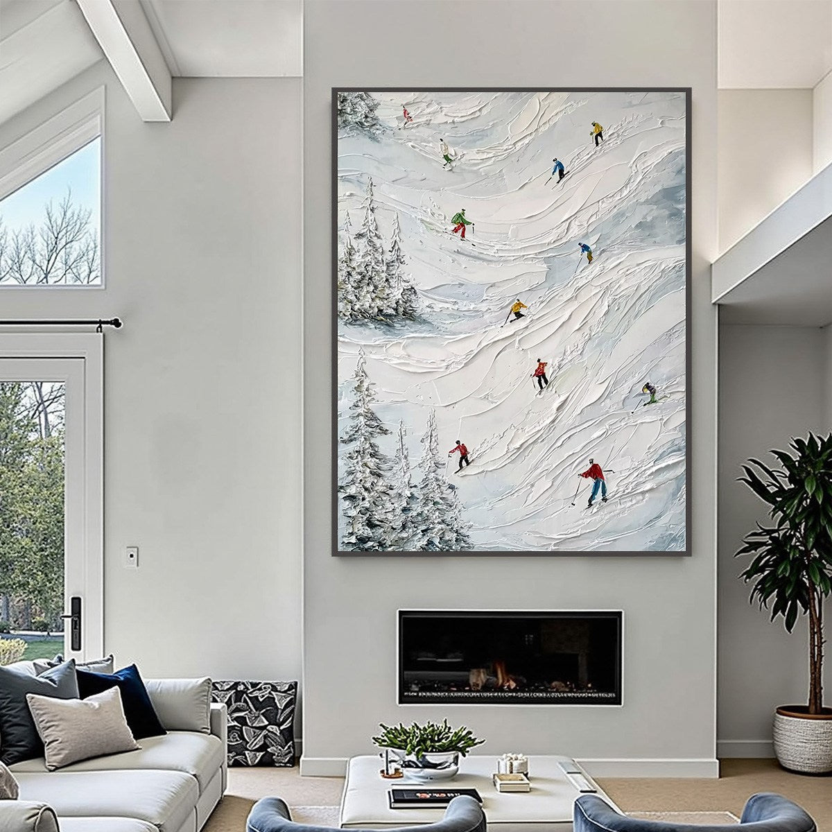 ALPINE RUSH: Heavy Texture Impasto Painting of Skiers on a Mountain