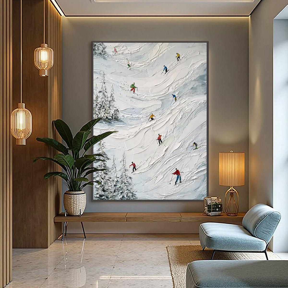 ALPINE RUSH: Heavy Texture Impasto Painting of Skiers on a Mountain