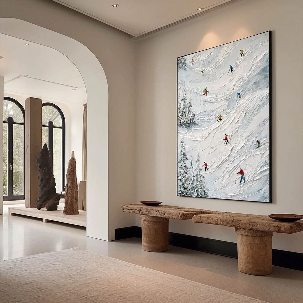 ALPINE RUSH: Heavy Texture Impasto Painting of Skiers on a Mountain