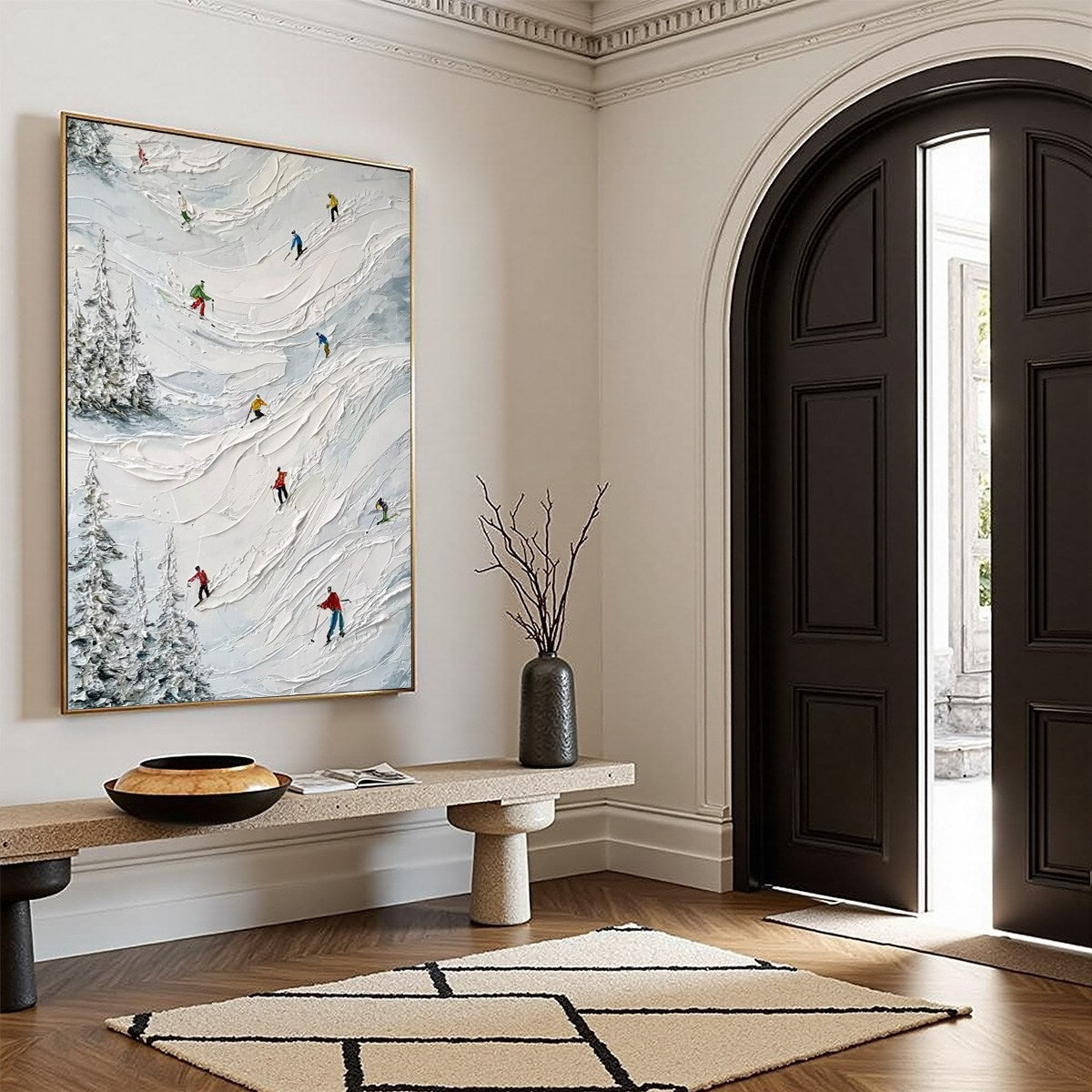 ALPINE RUSH: Heavy Texture Impasto Painting of Skiers on a Mountain