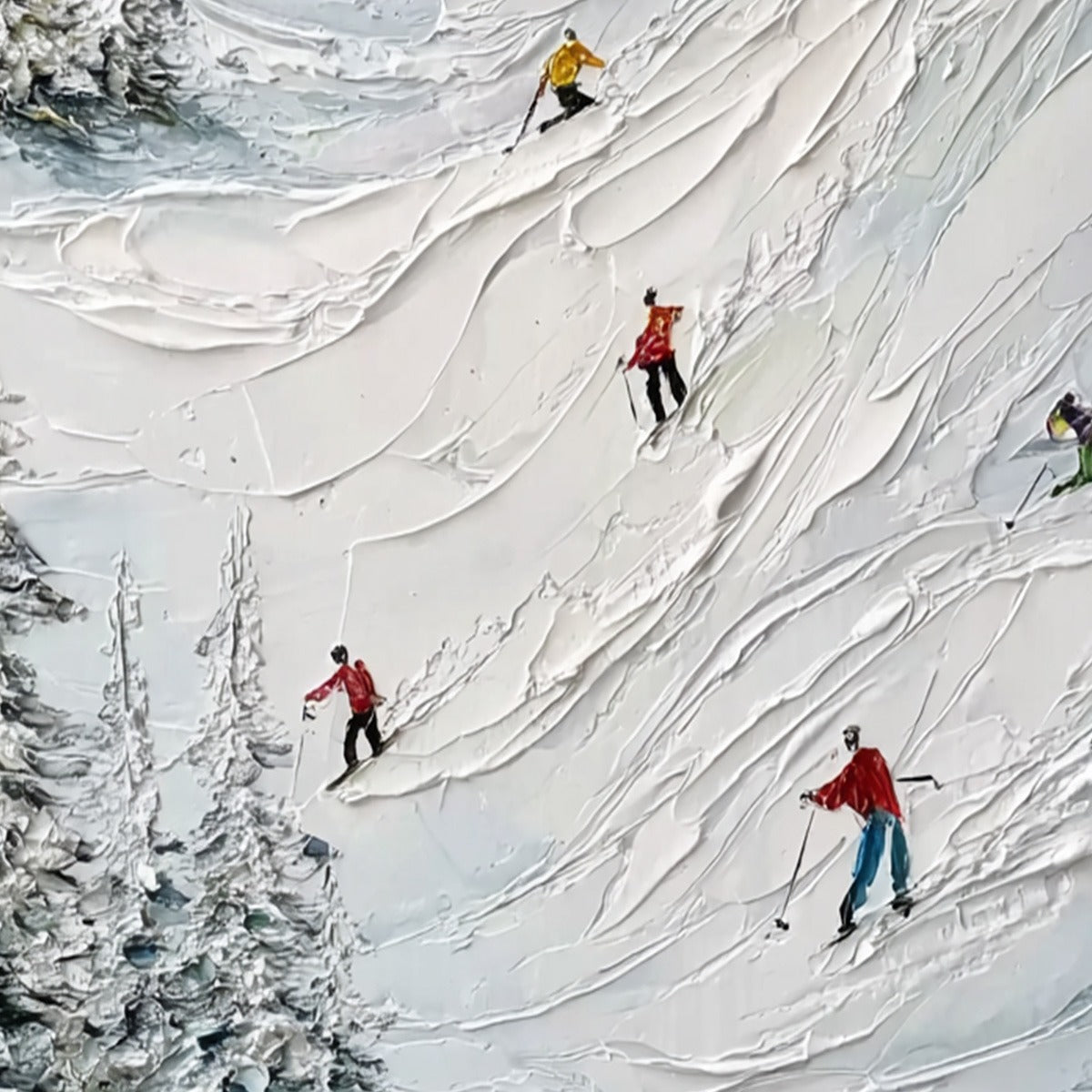 ALPINE RUSH: Heavy Texture Impasto Painting of Skiers on a Mountain