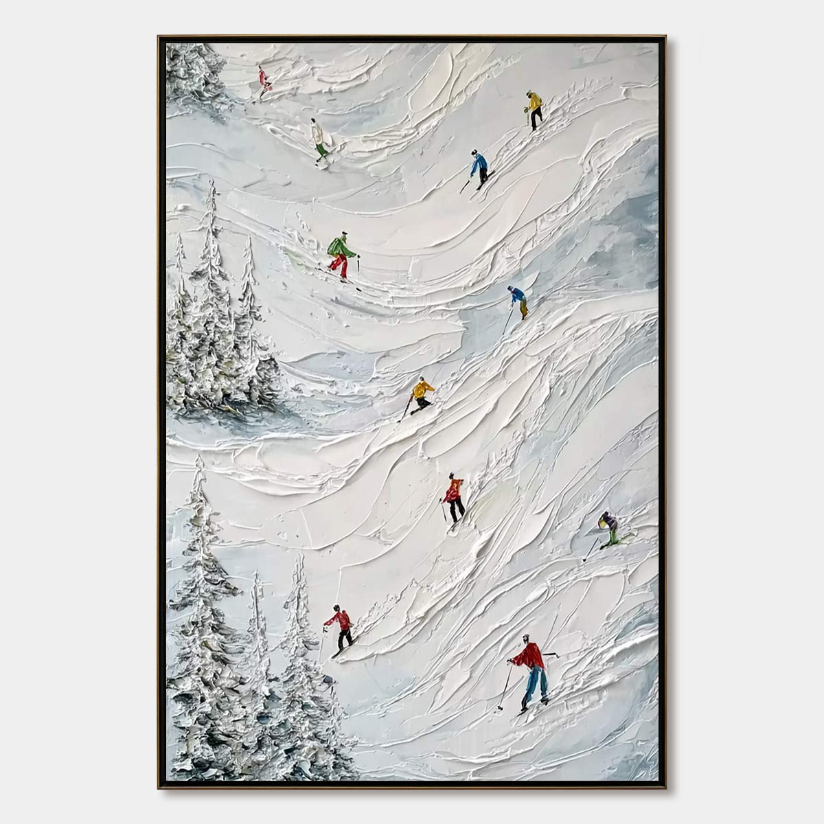 ALPINE RUSH: Heavy Texture Impasto Painting of Skiers on a Mountain