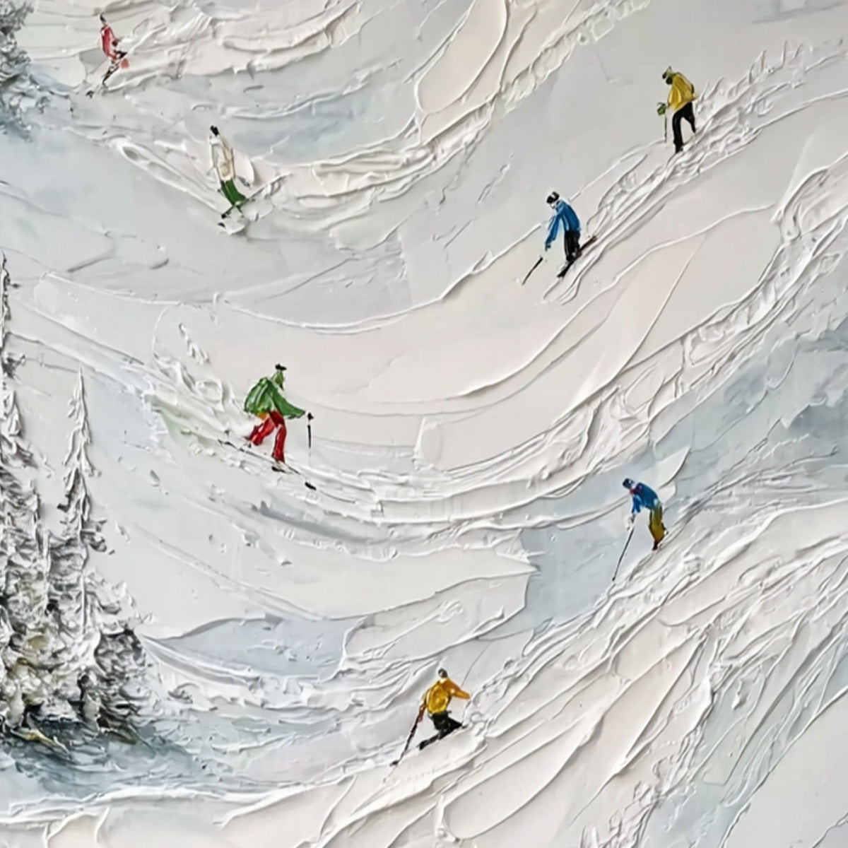 ALPINE RUSH: Heavy Texture Impasto Painting of Skiers on a Mountain