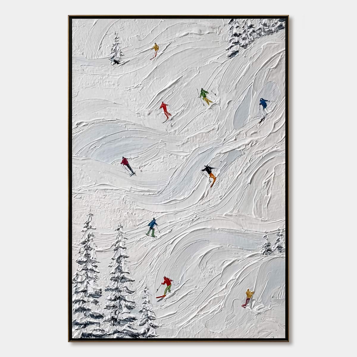 ALPINE RUSH: Textured Impasto Painting of Skiers on Snowy Slopes