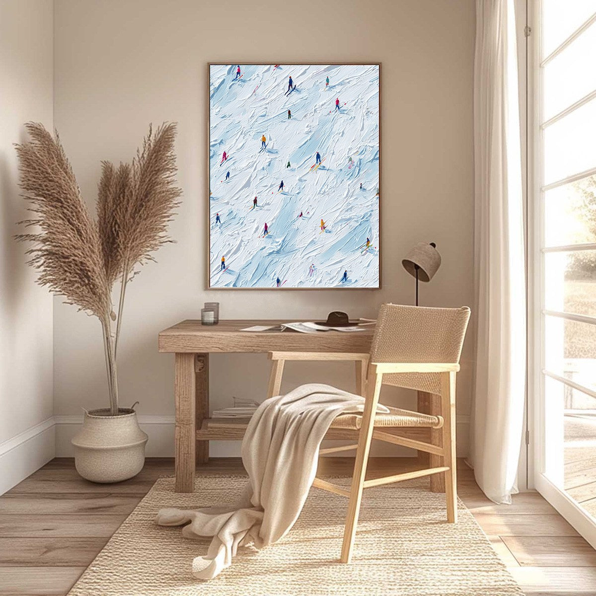 ALPINE RUSH: Textured Impasto Painting of Skiers on a Slope