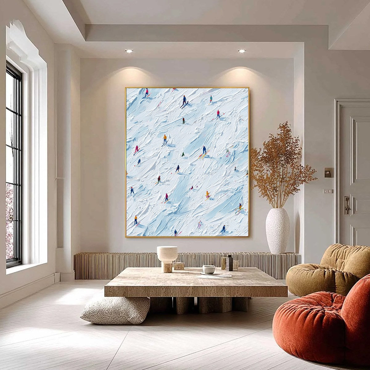 ALPINE RUSH: Textured Impasto Painting of Skiers on a Slope