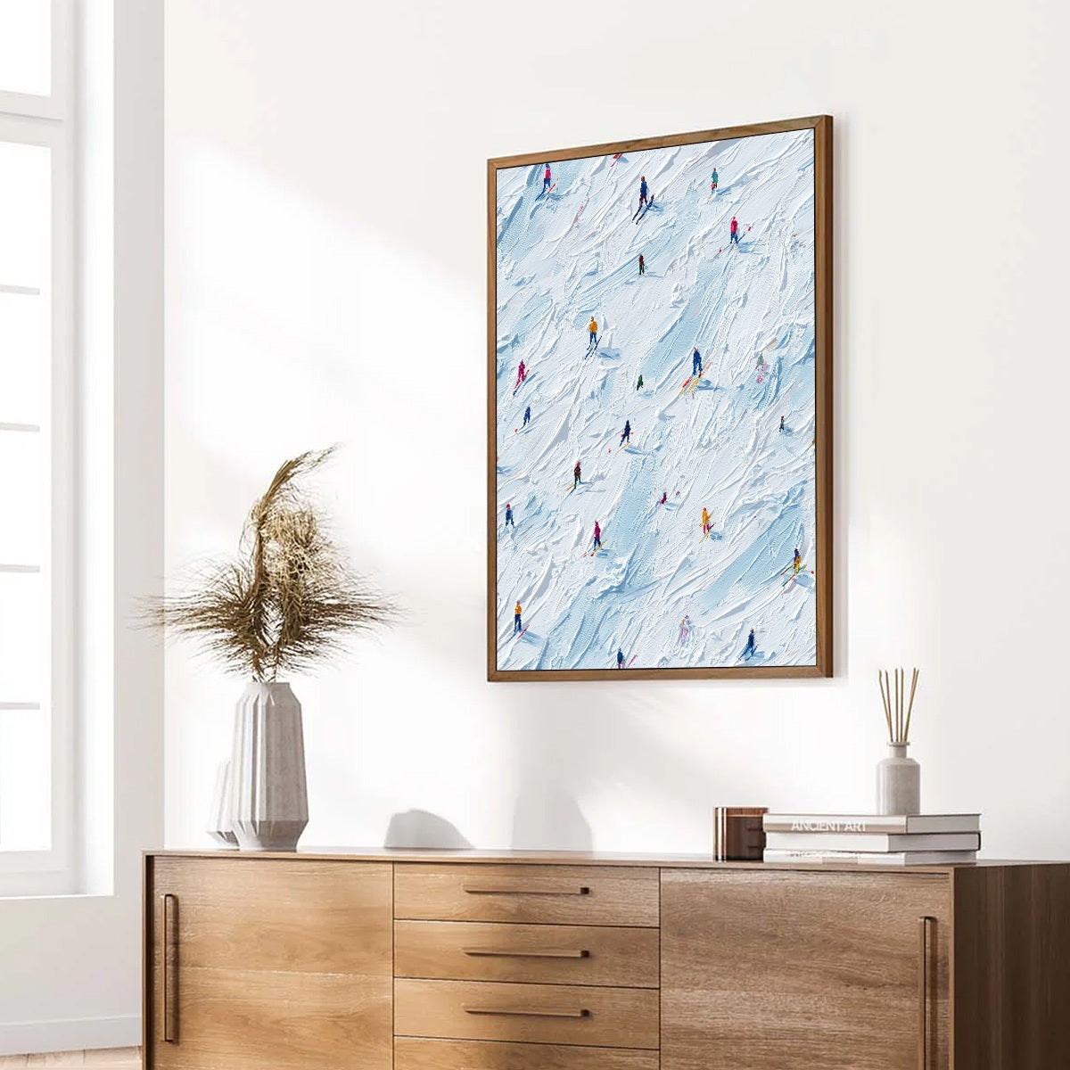 ALPINE RUSH: Textured Impasto Painting of Skiers on a Slope