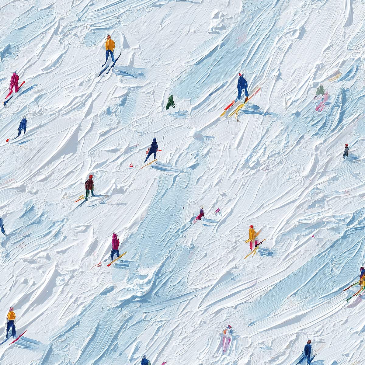 ALPINE RUSH: Textured Impasto Painting of Skiers on a Slope