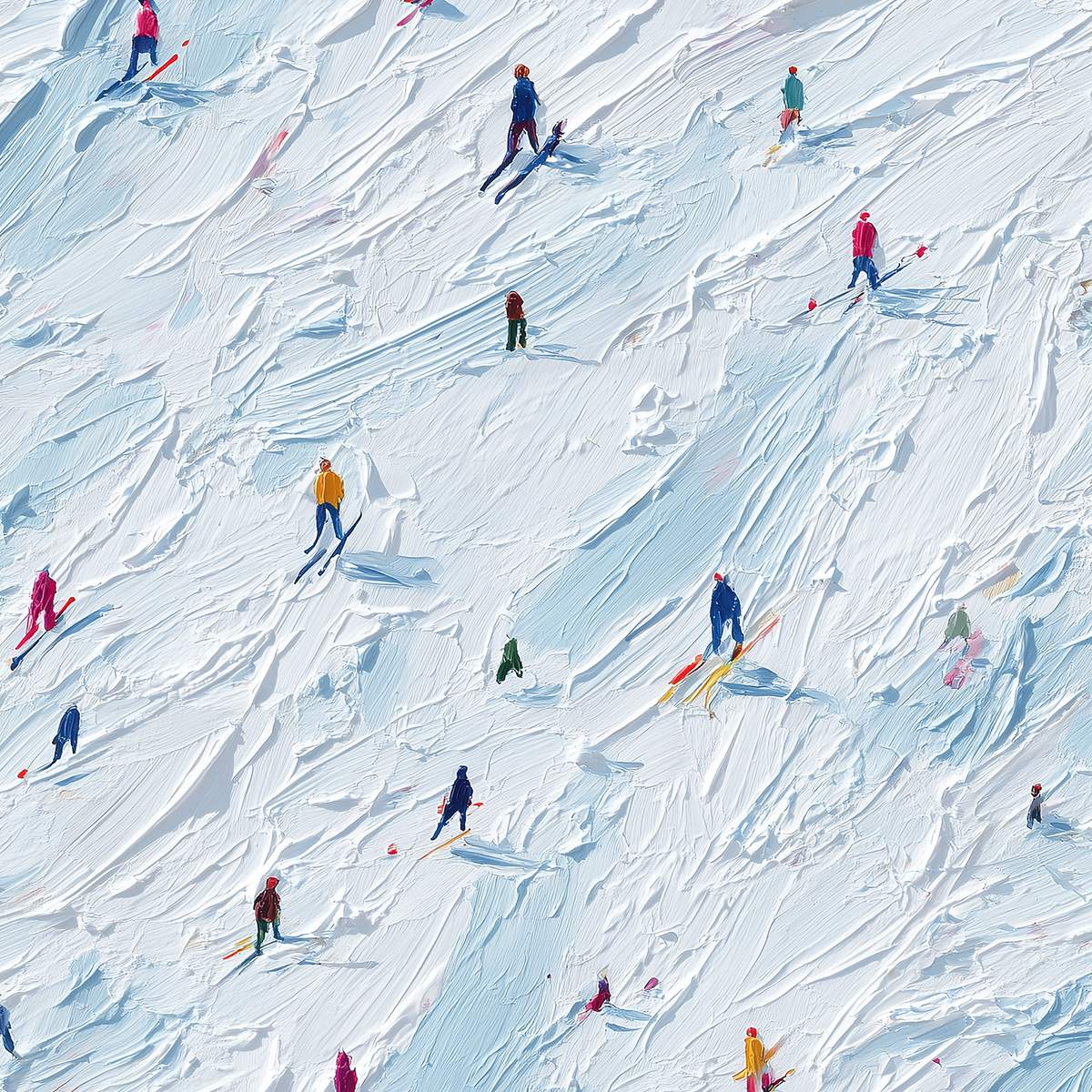 ALPINE RUSH: Textured Impasto Painting of Skiers on a Slope