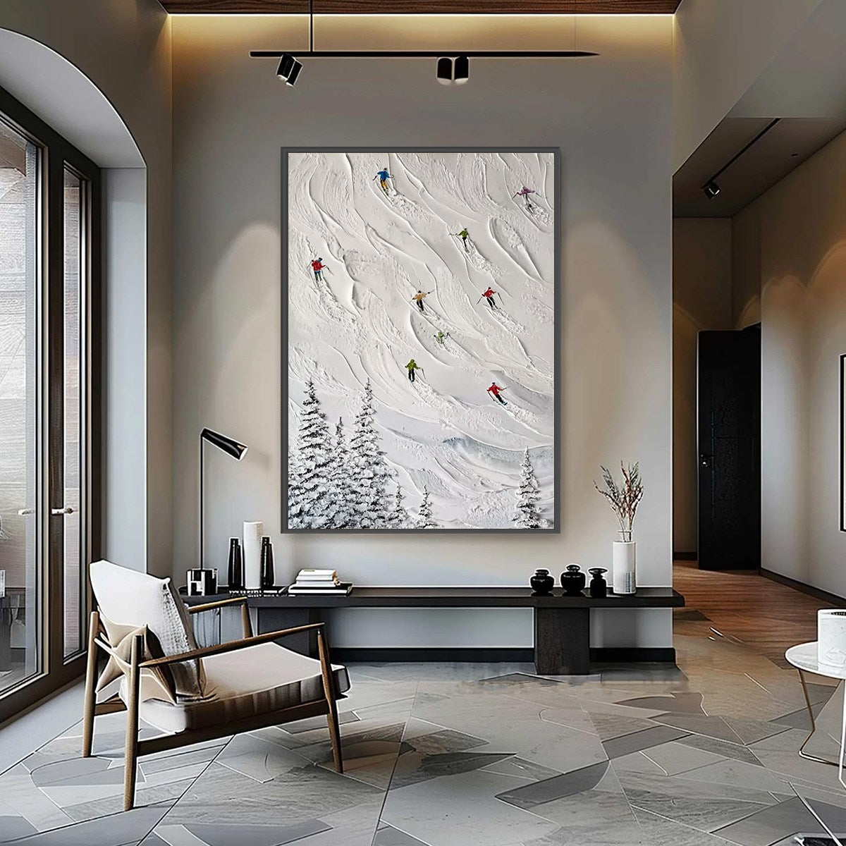 ALPINE RUSH: Textured Impasto Painting of Skiers on a Snowy Mountain