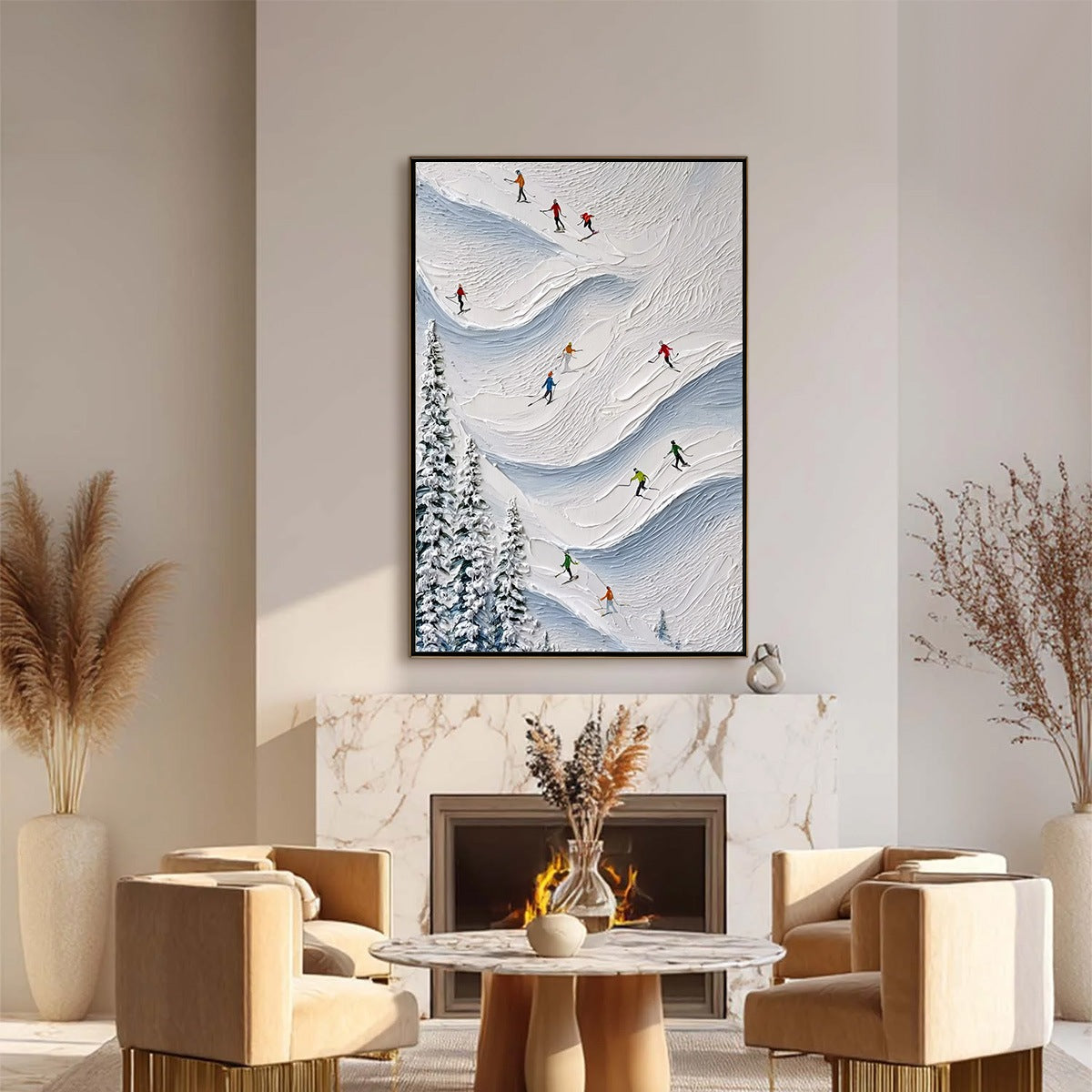 ALPINE RUSH: Textured Impasto Painting of Skiers on a Snowy Mountain1